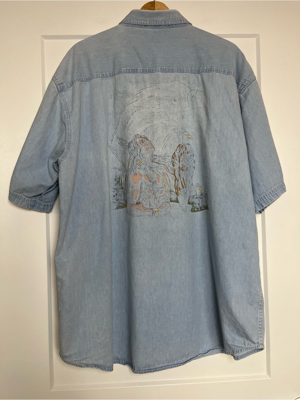 Vintage 90s Light Wash Denim Button Up Shirt XL Western Eagle Graphic Oversized